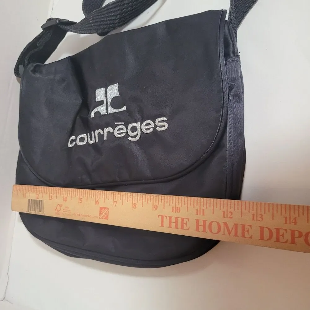 COURREGES Black Silver Logo Nylon Messenger Bag Vintage Crossbody 1990s